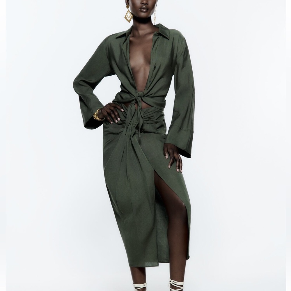 Zara linen blouse top and skirt set dark green